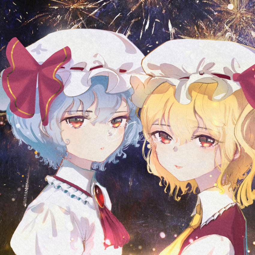 2girls aerial_fireworks ascot blonde_hair blue_hair bow fireworks flandre_scarlet hair_between_eyes hat hat_ribbon highres looking_at_viewer mob_cap multiple_girls night nywerya puffy_sleeves red_ascot red_bow red_eyes red_ribbon remilia_scarlet ribbon shirt short_hair siblings sisters touhou upper_body wings yellow_ascot