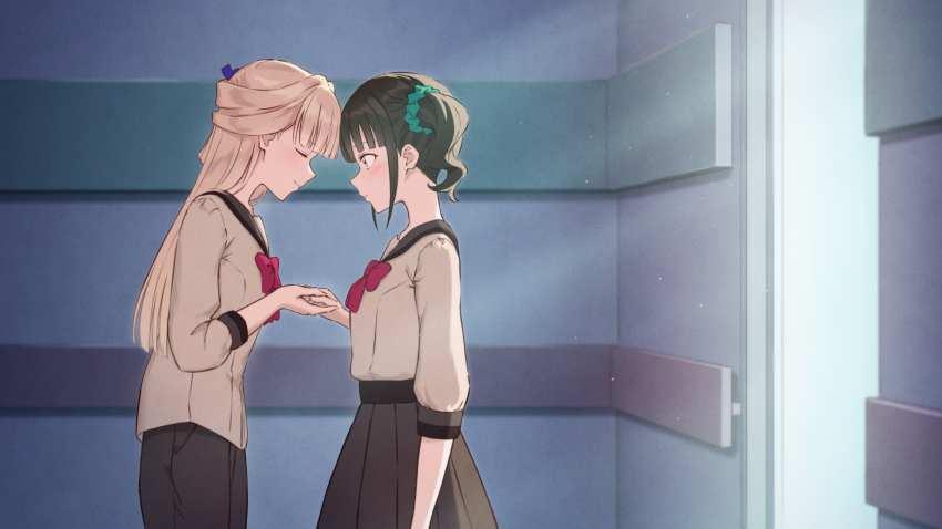 2girls black_pants black_skirt blonde_hair bow bowtie brown_hair brown_shirt closed_eyes closed_mouth commentary_request hair_ornament hair_scrunchie highres holding_hands indoors light_particles long_hair long_sleeves looking_at_another multiple_girls nekoyashiki_mayu nekoyashiki_yuki nuenue pants pleated_skirt precure red_bow red_bowtie school_uniform scrunchie serafuku shirt side_ponytail skirt smile wonderful_precure! yuri