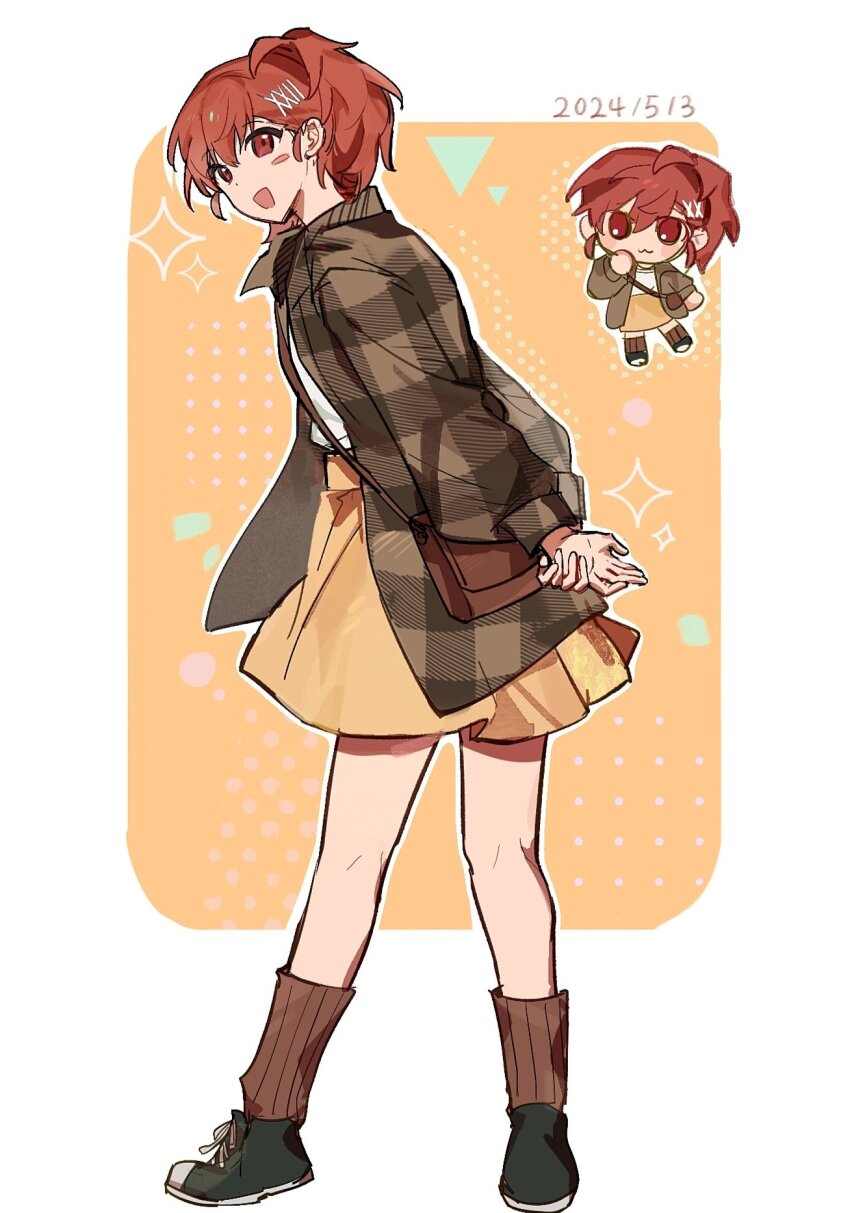 1girl :3 :d alternate_costume arms_behind_back bag black_footwear blush_stickers border brown_bag brown_coat brown_hair brown_socks bwnyz12 casual chibi chibi_inset coat dated full_body hair_between_eyes hair_ornament hairclip highres holding_own_wrist looking_at_viewer looking_back open_clothes open_coat open_mouth orange_background orange_skirt outline outside_border persona persona_3 persona_3_portable plaid_clothes plaid_coat ponytail red_eyes shiomi_kotone shirt shoes short_hair shoulder_bag single_blush_sticker skirt smile sneakers socks sparkle standing white_border white_outline white_shirt