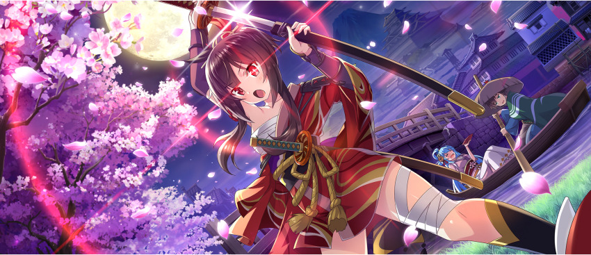 1boy 2girls aqua_(konosuba) arch_bridge architecture arm_garter armor bandaged_leg bandages black_socks blue_hair boat breasts bridge brown_hair cherry_blossoms cherry_tree chest_sarashi drawing_sword drunk east_asian_architecture edo_jidai falling_petals from_below full_moon game_cg glowing glowing_eye green_eyes hadanugi_dousa hair_ornament hair_stick hair_up highres holding holding_oar holding_sword holding_weapon japan japanese_armor japanese_clothes katana kimono kneehighs kono_subarashii_sekai_ni_shukufuku_wo! konosuba!_fantastic_days kote kurokote light_blue_hair looking_at_viewer looking_down megumin moon mount_fuji multiple_girls night night_sky oar obi official_alternate_costume official_alternate_hairstyle official_art on_boat open_clothes open_kimono open_mouth pagoda petals pink_kimono pink_petals red_eyes red_kimono river riverbank rope_belt rowboat sandogasa sarashi sash satou_kazuma scabbard sheath sheathed short_hair short_hair_with_long_locks short_kimono shoulder_armor sidelocks single_bare_shoulder single_sode sky small_breasts socks sode sword tokyo_(city) unsheathing v-shaped_eyebrows watercraft weapon wide_sleeves wooden_bridge