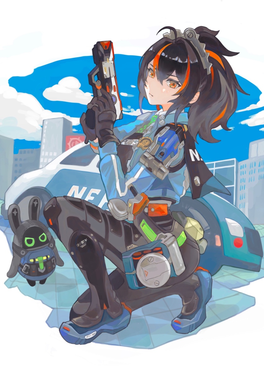 1girl ahoge black_gloves black_hair black_pants blue_footwear blue_jacket blue_sky car checkered_necktie city closed_mouth cloud from_side gloves gun hands_up high-waist_pants highres holding holding_gun holding_weapon holster jacket looking_at_viewer metal_hairband motor_vehicle multicolored_hair mumu_vosp necktie on_one_knee pants police police_badge police_car police_uniform policewoman ponytail red_eyes red_hair securityboo_(zenless_zone_zero) shoulder_holster sidelocks sky solo streaked_hair tight_clothes tight_pants weapon white_background zenless_zone_zero zhu_yuan