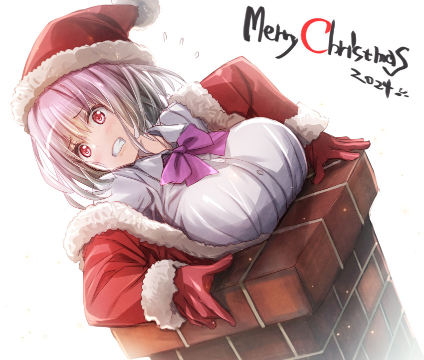 1girl blush bow bowtie breasts christmas fur_trim gloves gridman_universe hat highres jacket large_breasts long_sleeves merry_christmas purple_hair red_eyes red_gloves red_hat red_jacket santa_costume santa_gloves santa_hat school_uniform shinjou_akane shirt short_hair solo ssss.gridman stuck sweat ueda_metawo white_shirt