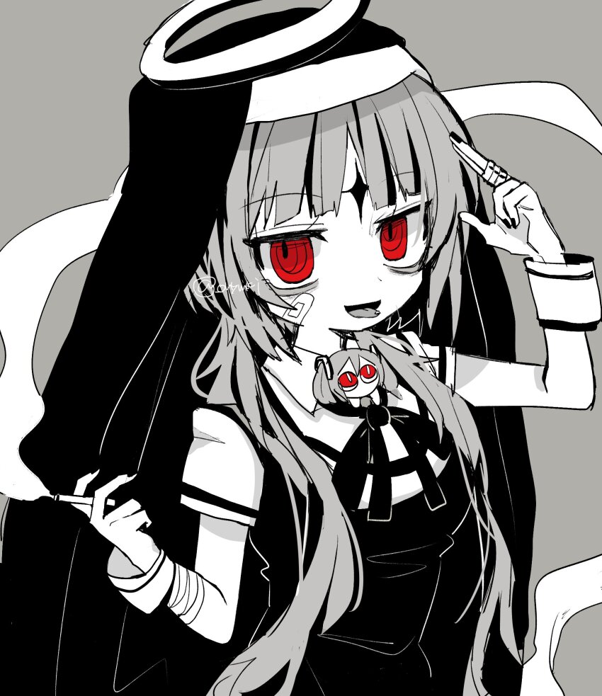 1girl aimaina bags_under_eyes bandaged_wrist bandages bandaid bandaid_on_cheek bandaid_on_face black_veil blunt_bangs chibi cigarette facial_mark finger_gun finger_gun_to_head forehead_mark greyscale habit halo hand_up hatsune_miku highres holding holding_cigarette jewelry kamippoina_(vocaloid) long_hair looking_at_viewer low_twintails monochrome nail_polish neck_ribbon nun oniyamakei parted_bangs piercing raised_eyebrows red_eyes ribbon ring short_sleeves smoke spot_color tongue_piercing twintails twitter_username upper_body veil vocaloid wrist_cuffs