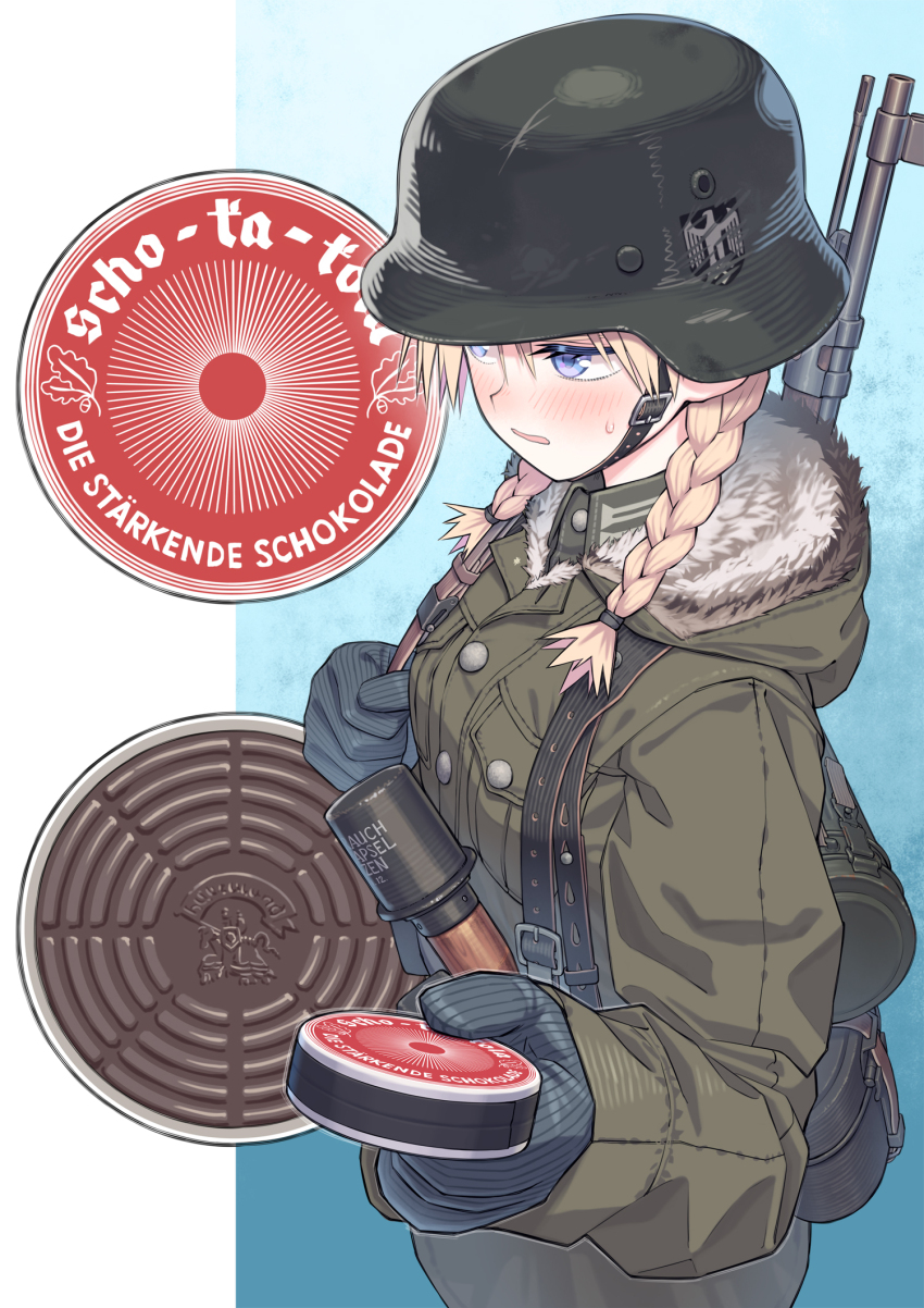 1girl blonde_hair blue_eyes blue_gloves blush bolt_action breasts canister chocolate combat_helmet from_above gloves green_jacket gun gun_sling helmet highres holding jacket load_bearing_equipment long_sleeves mauser_98 medium_breasts original parted_lips reichsadler rifle samaru_(seiga) short_twintails solo stahlhelm stick_grenade swastika sweatdrop twintails weapon wehrmacht