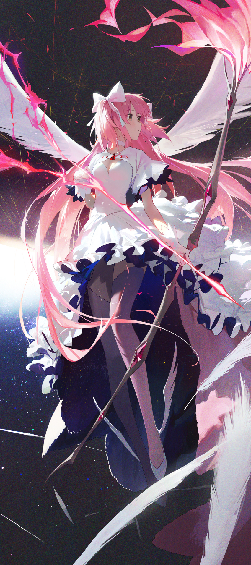 1girl absurdres angel_wings ankle_wings arrow_(projectile) bow bow_(weapon) breasts brown_eyes capelet choker cleavage drawing_bow dress energy_arrow falling_feathers feathered_wings feathers flying full_body gloves hair_between_eyes hair_bow highres holding holding_arrow holding_bow_(weapon) holding_weapon kaname_madoka leg_wings long_hair looking_away looking_to_the_side mahou_shoujo_madoka_magica mahou_shoujo_madoka_magica_(anime) modare pink_hair shoes short_sleeves small_breasts solo star_(sky) thighhighs two_side_up ultimate_madoka very_long_hair weapon white_bow white_capelet white_choker white_dress white_footwear white_gloves white_wings wings wrist_cuffs