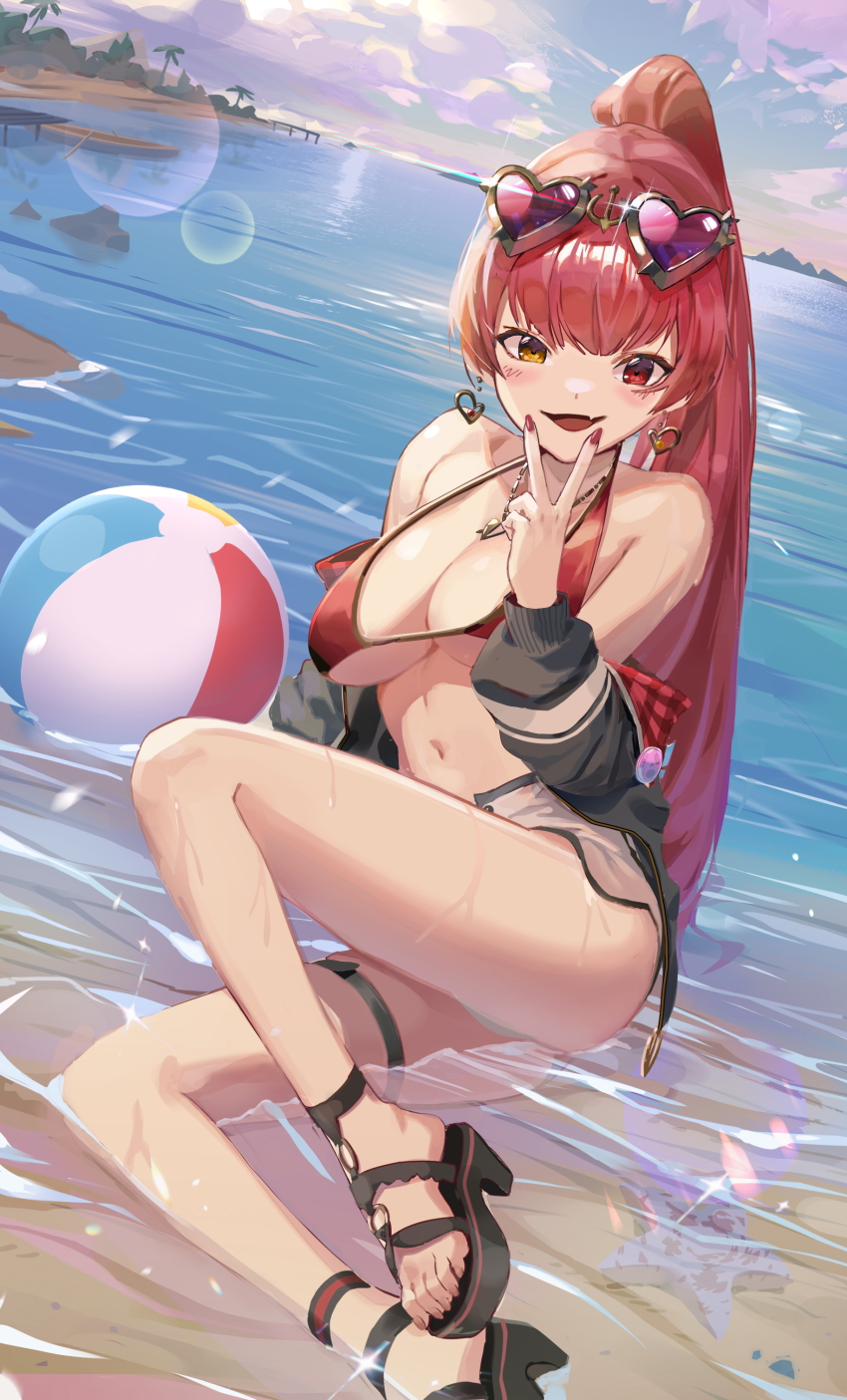 1girl absurdres ball beach beachball bikini bikini_top_only black_footwear black_jacket blush breasts cloud collarbone commentary_request earrings eyewear_on_head fang feet foot_out_of_frame halterneck hand_up heart heart-shaped_eyewear heart_earrings heart_necklace heterochromia high_heels highres hololive houshou_marine houshou_marine_(summer) jacket jewelry kawa683 lens_flare long_hair long_sleeves looking_at_viewer medium_breasts nail_polish navel necklace ocean open_clothes open_jacket open_mouth outdoors palm_tree ponytail red_bikini red_eyes red_hair red_nails short_shorts shorts sitting skin_fang skindentation sky solo starfish stomach summer swimsuit thigh_strap thighs tree v virtual_youtuber water white_shorts yellow_eyes