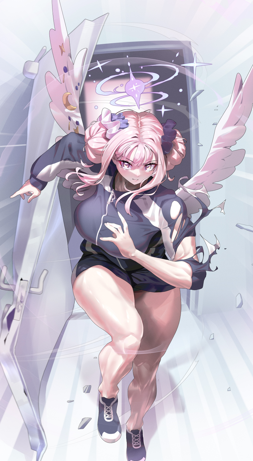 702_96 absurdres alternate_hairstyle angel angel_wings blue_archive breasts commission destruction double_bun gym_uniform hair_bun highres mika_(blue_archive) muscular muscular_female official_alternate_hairstyle original pink_hair pixiv_commission running wings