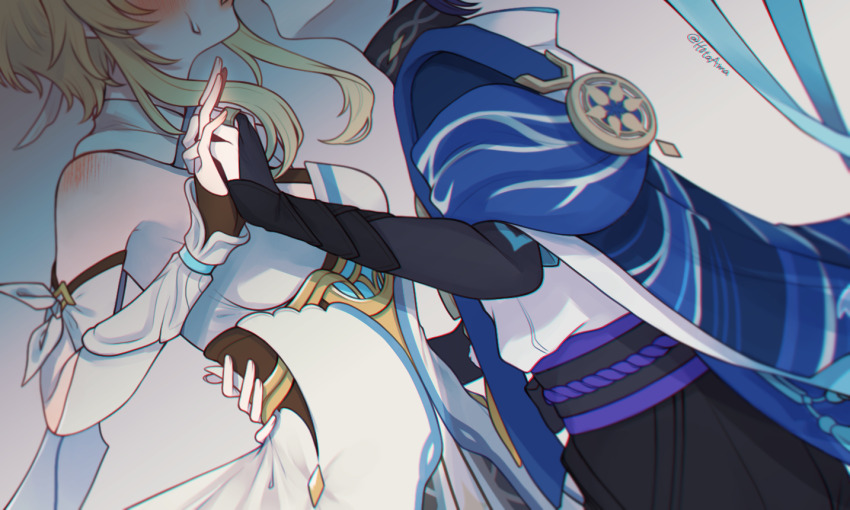 1boy 1girl amano_hotaru_(hotaama) arm_cutout armor armpit_crease armpits belt black_belt black_shorts blonde_hair blue_cape blue_trim blush breasts bridal_gauntlets cape couple detached_sleeves dress feathers from_side genshin_impact gold_trim hand_on_another&#039;s_back head_out_of_frame hetero holding_hands imminent_kiss japanese_armor japanese_clothes kimono knot kote kurokote leaning_back leaning_forward lumine_(genshin_impact) middle_ring open_mouth purple_rope purple_sash red_lips rope sash scaramouche_(genshin_impact) scarf short_hair short_hair_with_long_locks shorts shoulder_blush sideboob sidelocks single_bare_shoulder single_vambrace sweatdrop twitter_username vambraces wanderer_(genshin_impact) white_dress white_kimono white_scarf white_sleeves white_trim