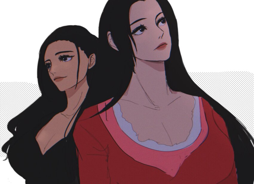 2girls black_eyes black_hair black_shirt boa_hancock closed_mouth commentary dr000mi highres light_smile long_hair looking_to_the_side multiple_girls nico_robin one_piece pink_lips red_shirt shirt sidelocks simple_background symbol-only_commentary upper_body white_background