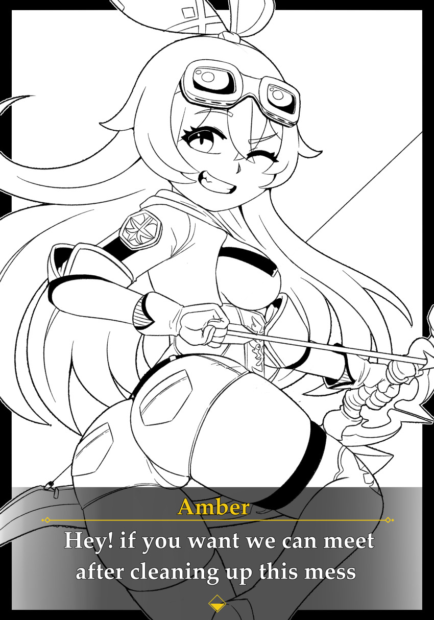 1girl absurdres amber_(genshin_impact) boots bow_(weapon) breasts english_text genshin_impact gi0 gloves goggles goggles_on_head hair_between_eyes hair_ornament hair_ribbon highres holding holding_bow_(weapon) holding_weapon looking_at_viewer looking_back monochrome one_eye_closed ribbon shorts smile solo thigh_boots thighhighs thighs weapon