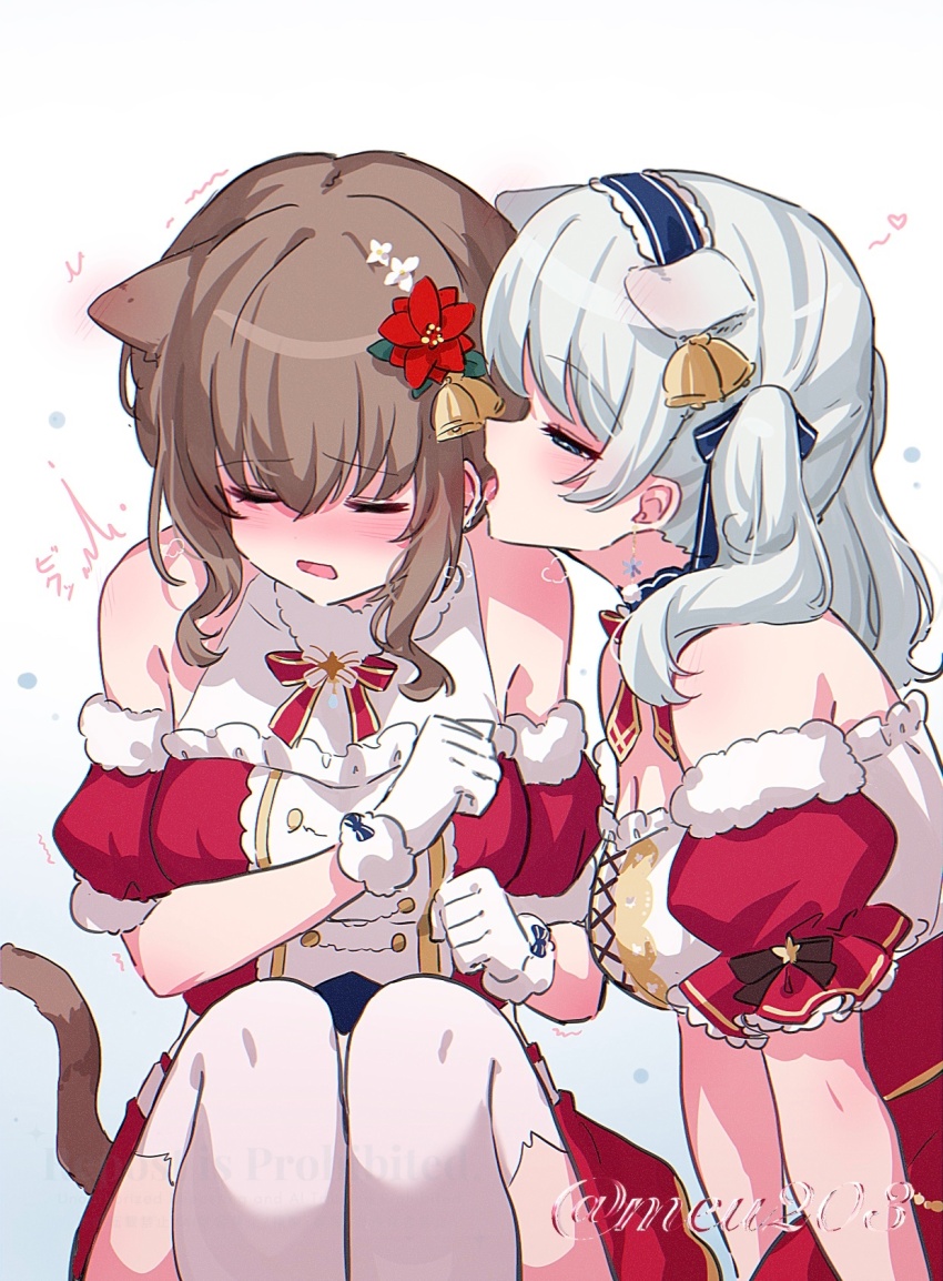 2girls animal_ears bang_dream! bare_shoulders bell blue_background blush bow bowtie breasts brown_hair cat_ears cat_girl cat_tail closed_eyes commentary dog_ears dress ear_blush ear_licking earrings gloves gradient_background hair_bell hair_ornament heart highres jewelry kemonomimi_mode large_breasts licking long_hair meu203 multiple_girls off-shoulder_dress off_shoulder open_mouth red_bow red_bowtie red_dress saliva saliva_trail tail thighhighs twintails twitter_username wakamiya_eve white_background white_gloves white_hair white_thighhighs yamato_maya yuri