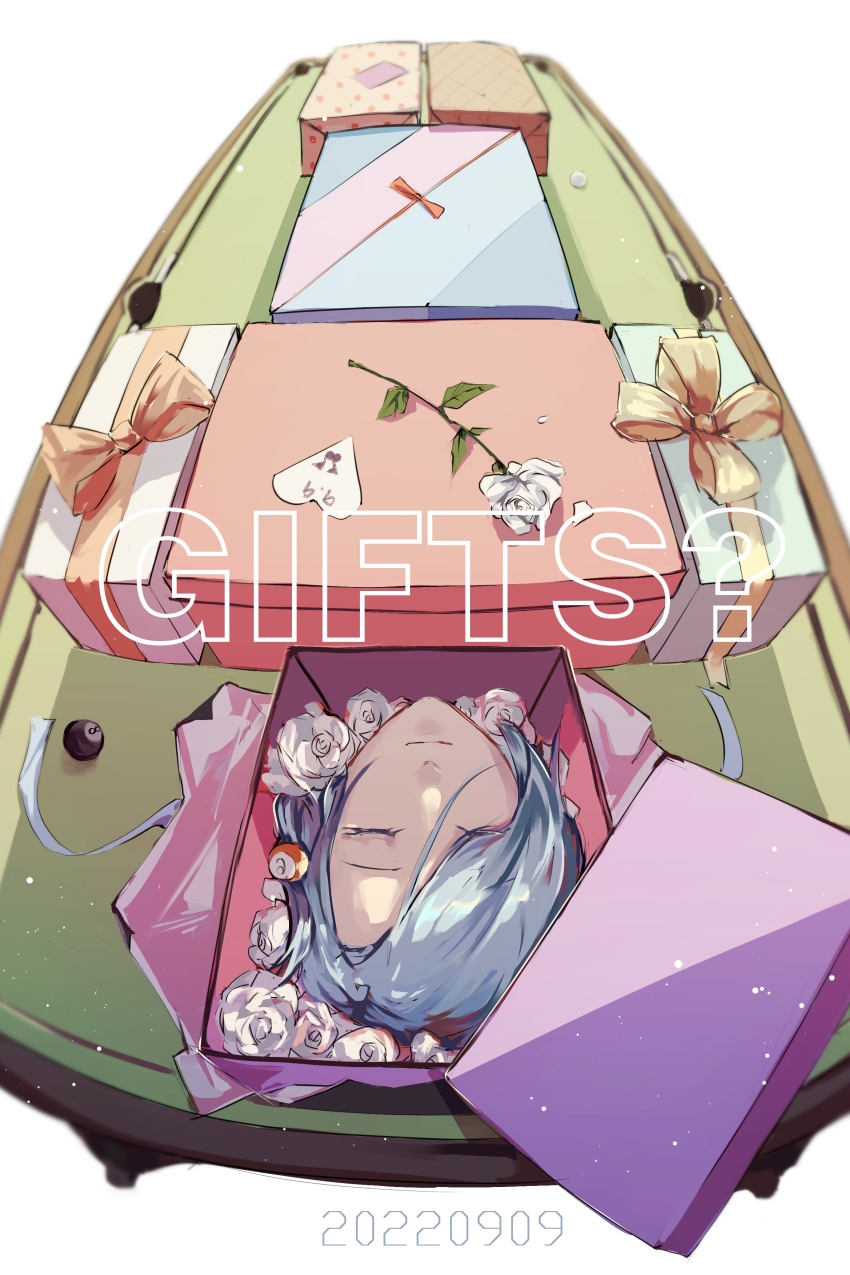 1girl absurdres ball billiard_ball blue_hair book chiebukuro_setsuka chinese_commentary closed_eyes closed_mouth commentary_request danganronpa_(series) danganronpa_another dated disembodied_head english_text expressionless eyelashes flower gift hair_ornament hair_over_one_eye highres light_particles open_book pool_table rose setsuna_reed short_hair single_hair_ring solo spoilers super_danganronpa_another_2 table upside-down white_background white_flower white_rose