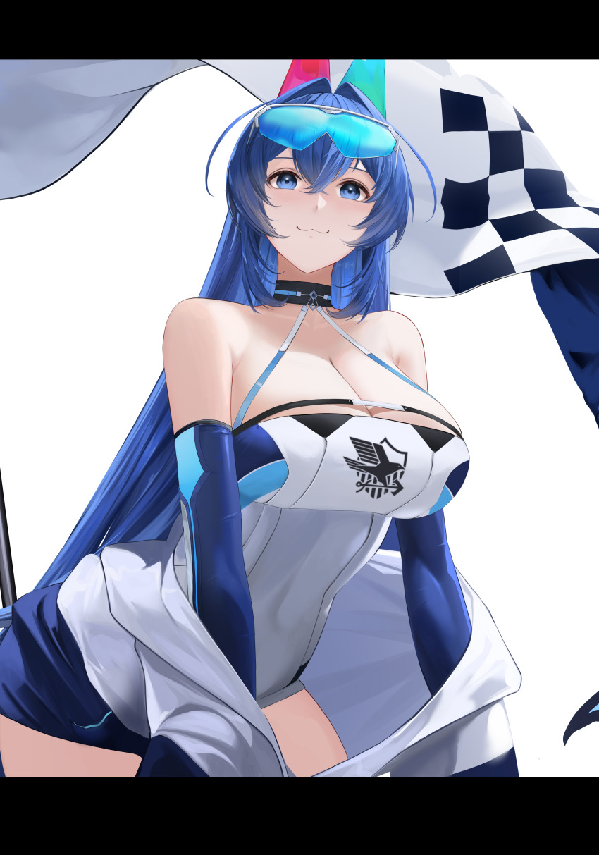 1girl :3 absurdres alternate_costume azur_lane blue-tinted_eyewear blue_eyes blue_hair breasts cleavage cowboy_shot detached_collar detached_sleeves eagle_union_(emblem) from_below goggles goggles_on_head hair_intakes highres huge_breasts jacket leaning_forward long_hair looking_at_viewer looking_down new_jersey_(azur_lane) race_queen scarfpen01 simple_background solo taut_clothes tinted_eyewear very_long_hair white_background white_jacket