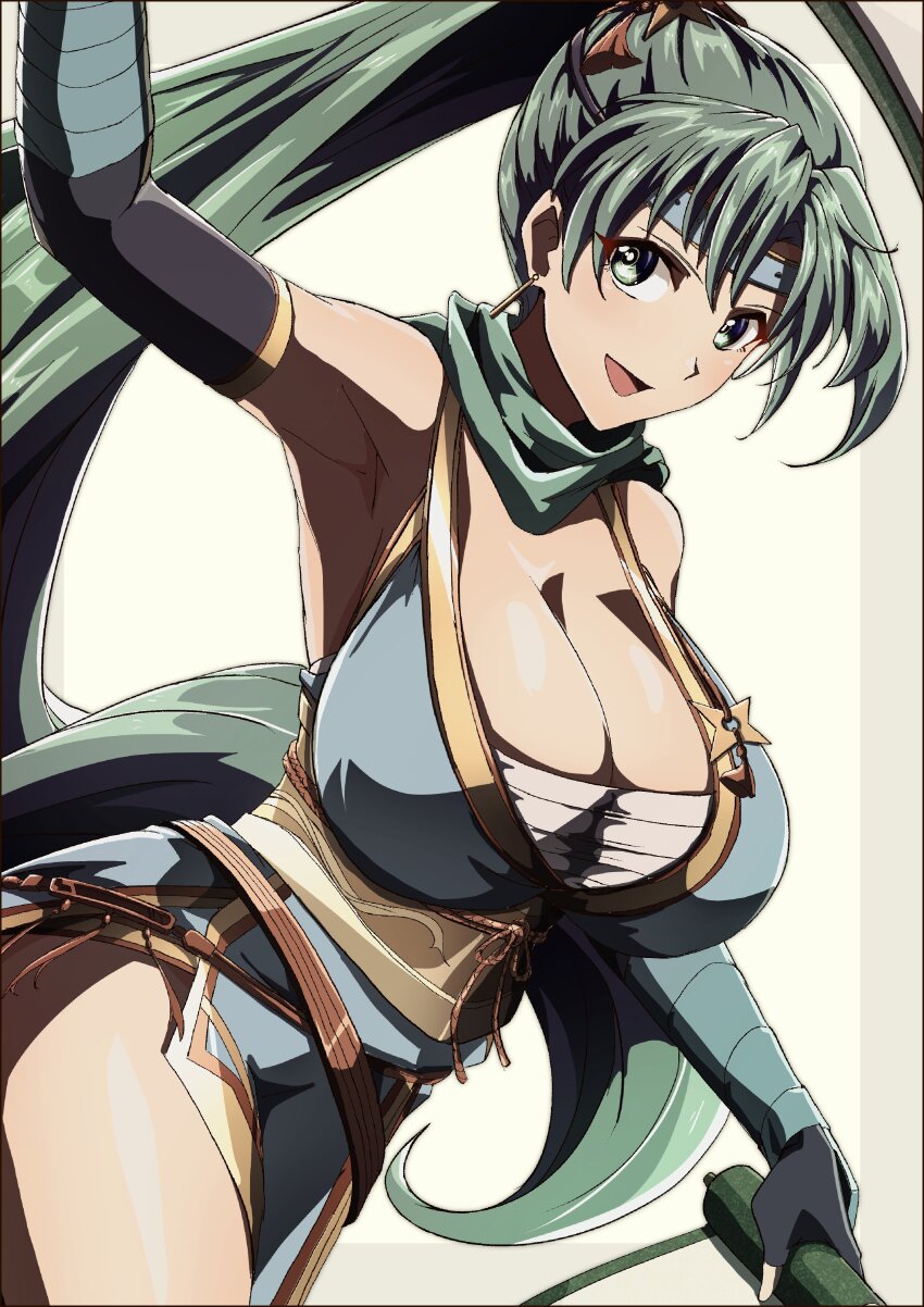 1girl :d absurdres arm_up arm_wrap armpits bare_shoulders blue_dress blue_headband blush border breasts chest_sarashi cleavage commission dress earrings elbow_gloves fingerless_gloves fire_emblem fire_emblem:_the_blazing_blade fire_emblem_heroes gloves green_eyes green_hair green_scarf headband highres holding holding_scroll huge_breasts jewelry large_breasts long_hair looking_at_viewer lyn_(fire_emblem) lyn_(ninja)_(fire_emblem) ninja nintendo obi obijime official_alternate_costume open_mouth outside_border ponytail sarashi sash scarf scroll shuriken side_slit skeb_commission sleeveless sleeveless_dress smile solo to_(tototo_tk) very_long_hair weapon white_background yellow_sash