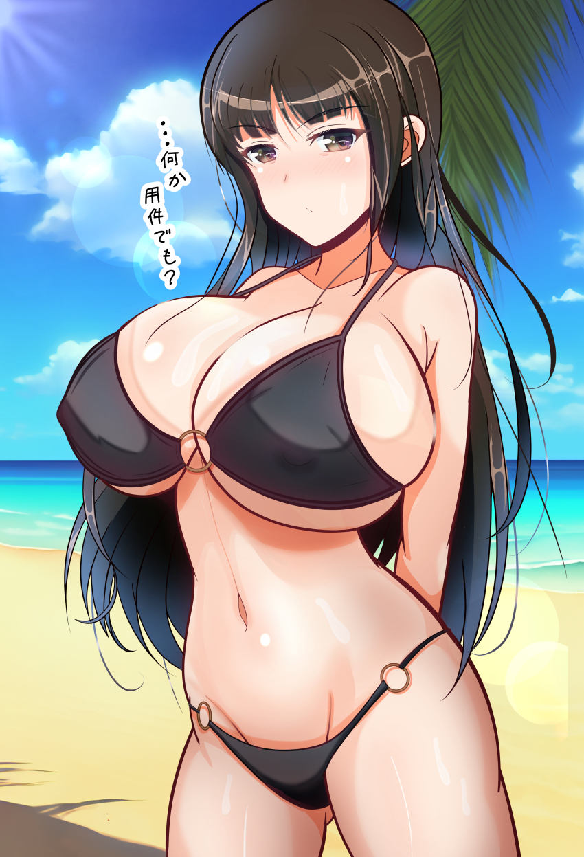 1girl absurdres arms_behind_back bare_arms beach bikini black_bikini black_hair blue_sky blunt_bangs breasts brown_eyes cleavage closed_mouth cloud collarbone day girls_und_panzer highres horizon huge_breasts kumaisao large_breasts lens_flare long_hair looking_at_viewer mature_female navel nishizumi_shiho o-ring o-ring_bikini ocean outdoors palm_tree sky solo standing stomach swimsuit tree underboob