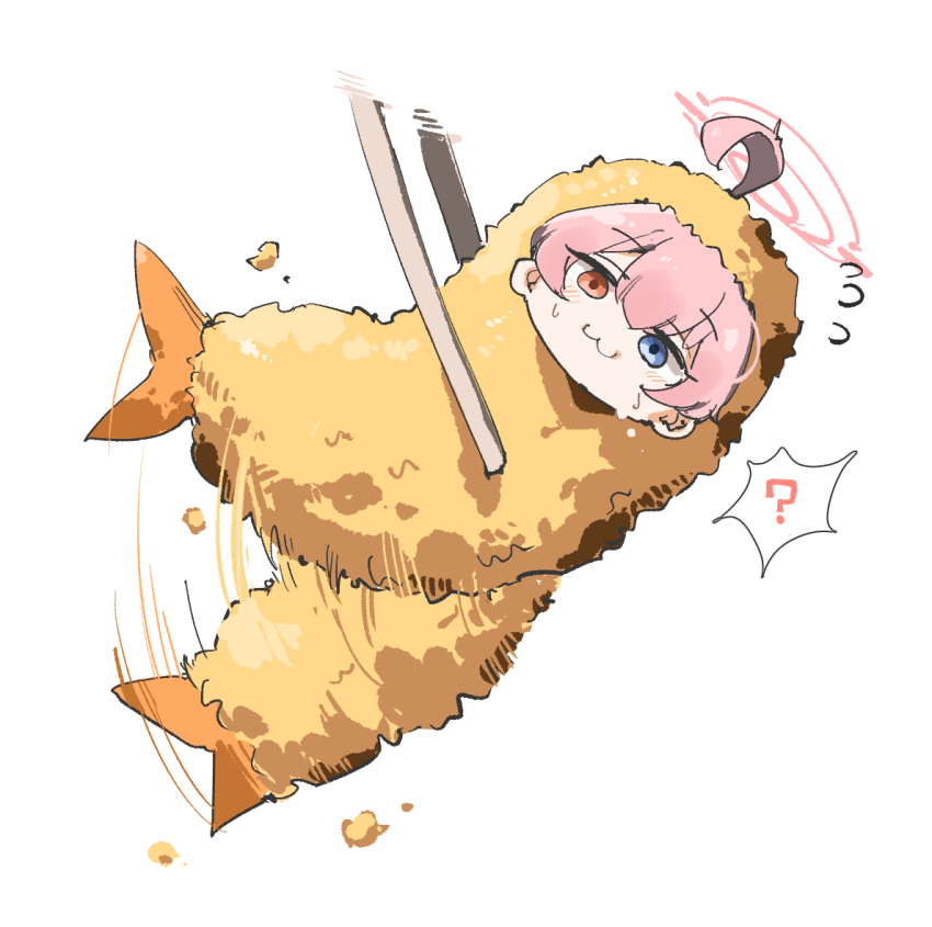 1girl :3 ? ahoge blue_archive blue_eyes blush chopsticks closed_mouth flying_sweatdrops food food_costume fried_hoshino_(meme) hair_between_eyes halo hoshino_(blue_archive) long_hair maton_3110 meme pink_hair pink_halo shrimp shrimp_tempura simple_background solo spoken_question_mark tempura white_background yellow_eyes