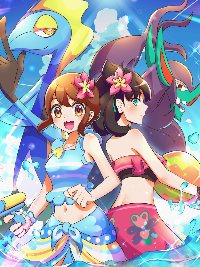 2girls absurdres alternate_costume ball black_hair blue_sky blush brown_eyes brown_hair cloud commentary_request creatures_(company) flower from_side game_freak gen_8_pokemon gloria_(pokemon) gloria_(summer_2021)_(pokemon) green_eyes grimmsnarl hair_flower hair_ornament highres holding holding_ball holding_water_gun inteleon marnie_(pokemon) marnie_(summer_2021)_(pokemon) midriff multiple_girls navel nintendo official_alternate_costume open_mouth outdoors pokemon pokemon_(creature) pokemon_masters_ex red_eyes short_hair sky smile swimsuit teeth upper_teeth_only wading water water_gun yellow_eyes yukimaru_(jvje4777)