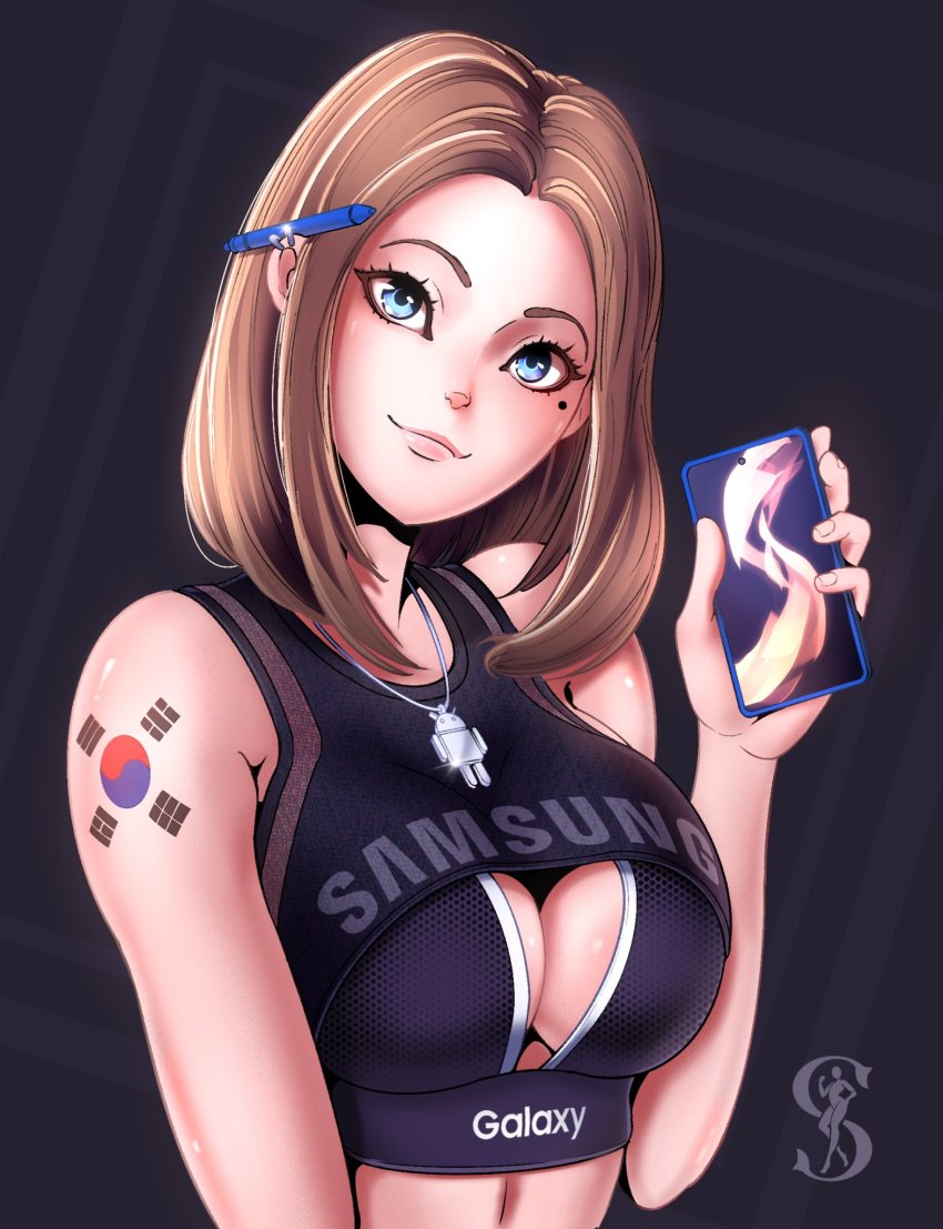 1girl artist_logo bare_shoulders blue_eyes breasts brown_hair center_opening cleavage commentary ear_piercing english_commentary english_text eyebrows forehead hand_up highres holding holding_phone jewelry korea large_breasts lips logo looking_at_viewer mole mole_under_eye navel necklace pen phone piercing samsung samsung_sam simple_background smile solo spiritdraws_x tattoo upper_body