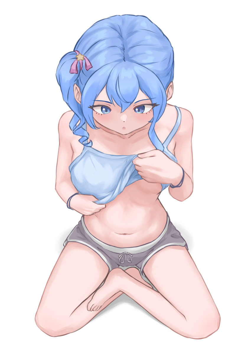 1girl :o absurdres bare_arms bare_legs barefoot blue_camisole blue_eyes blue_hair breasts camisole clothes_lift commentary crossed_ankles diptip dolphin_shorts english_commentary from_above full_body grey_shorts hair_ribbon highres hololive hoshimachi_suisei lifting_own_clothes looking_at_own_stomach looking_down navel ribbon shirt_lift short_shorts shorts side_ponytail simple_background sitting small_breasts solo star_(symbol) star_in_eye stomach symbol_in_eye underboob weight_conscious white_background