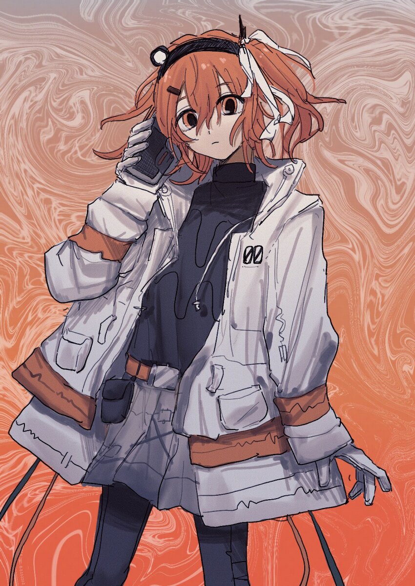 1girl a.i._voice adachi_rei belt black_pantyhose black_shirt cassette_player closed_mouth cowboy_shot gloves hair_between_eyes hair_ribbon highres jacket long_sleeves looking_at_viewer moeteruka netsu_ijou_(utau) open_clothes open_jacket orange_background orange_belt orange_eyes orange_hair pantyhose parted_bangs pleated_skirt ribbon shirt side_ponytail simple_background skirt sleeves_past_elbows solo utau white_gloves white_jacket white_ribbon