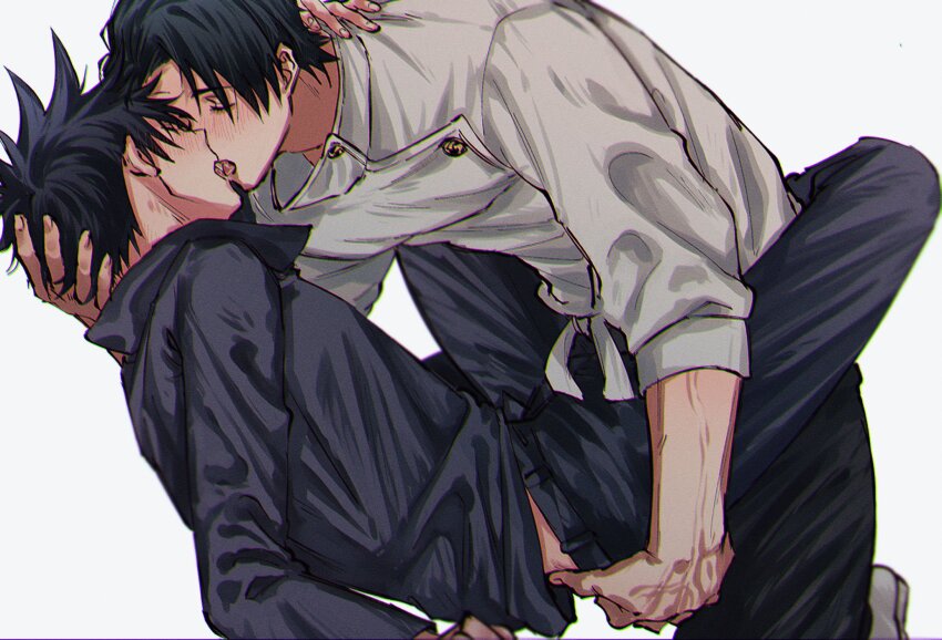 2boys black_hair black_jacket black_pants blush buttons closed_eyes french_kiss fushiguro_megumi fushirun_rung hand_around_neck hand_on_another&#039;s_waist highres jacket jujutsu_kaisen jujutsu_tech_uniform kiss leg_lock long_sleeves male_focus multiple_boys okkotsu_yuuta open_mouth pants short_hair simple_background tongue tongue_out white_background white_jacket yaoi