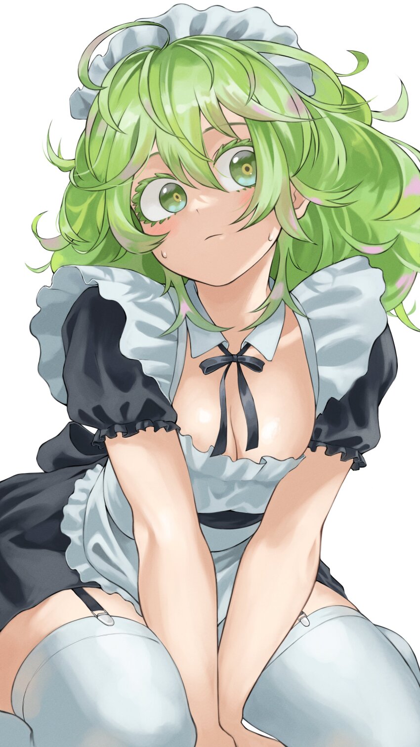 1girl absurdres alternate_costume apron black_dress black_ribbon boku_no_hero_academia breasts cleavage closed_mouth colored_eyelashes dress enmaided fengling_(furin-jp) garter_straps green_eyes green_hair hagakure_tooru highres maid maid_apron maid_headdress medium_breasts ribbon seiza sitting solo sweat thighhighs unusually_visible white_thighhighs