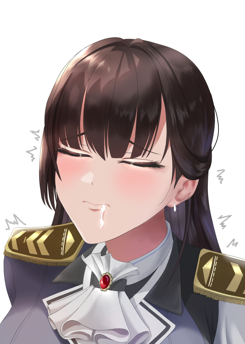 1girl absurdres ascot black_hair black_jacket blush breasts brown_hair closed_eyes closed_mouth commentary_request earrings epaulettes goddess_of_victory:_nikke highres jacket jewelry korean_commentary large_breasts long_hair marciana_(nikke) military_jacket sangtaeisang sidelocks simple_background solo suggestive_fluid trembling upper_body white_ascot white_background