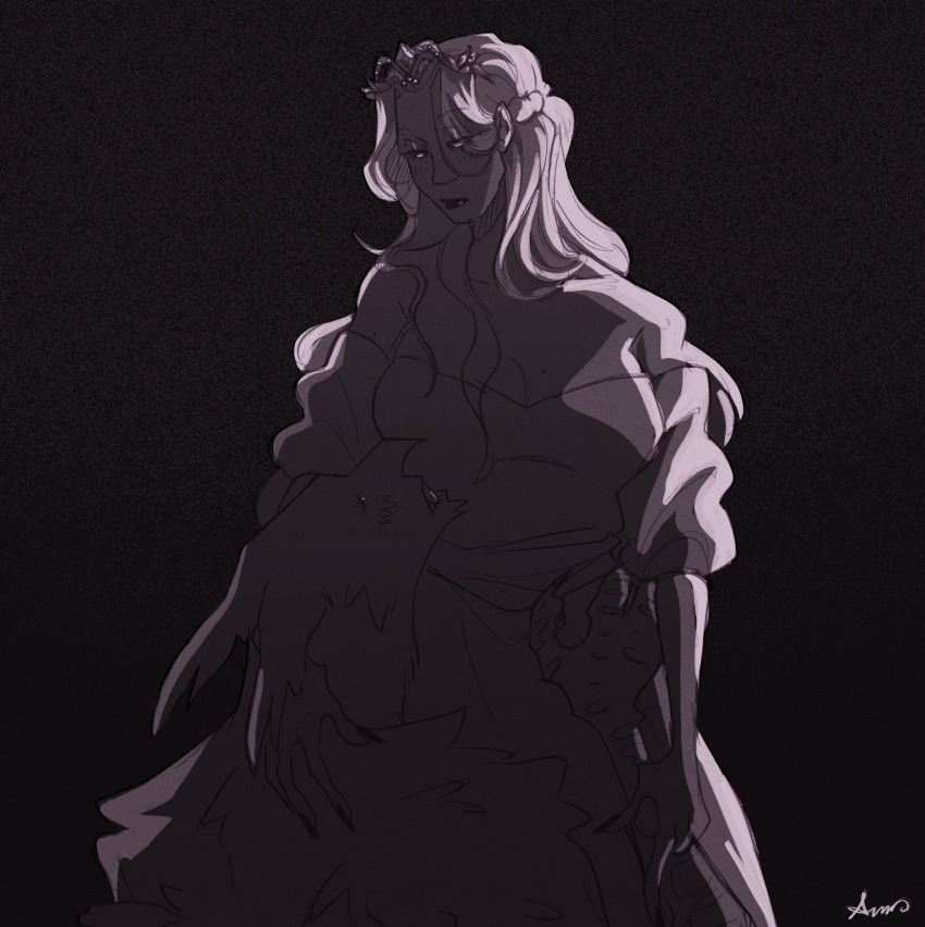 1boy 1girl bare_shoulders black_background blush breasts circusmantis cleavage commentary english_commentary eye_contact greyscale highres lipstick long_hair looking_at_another makeup monochrome princess_(slay_the_princess) slay_the_princess standing the_hero_(slay_the_princess) tiara