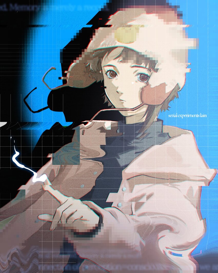 1girl absurdres black_shirt blue_background brown_eyes brown_hair brown_hat brown_jacket copyright_name distortion english_text expressionless glitch grid_background hat highres iwakura_lain jacket looking_at_viewer nshi pixelated serial_experiments_lain shirt solo