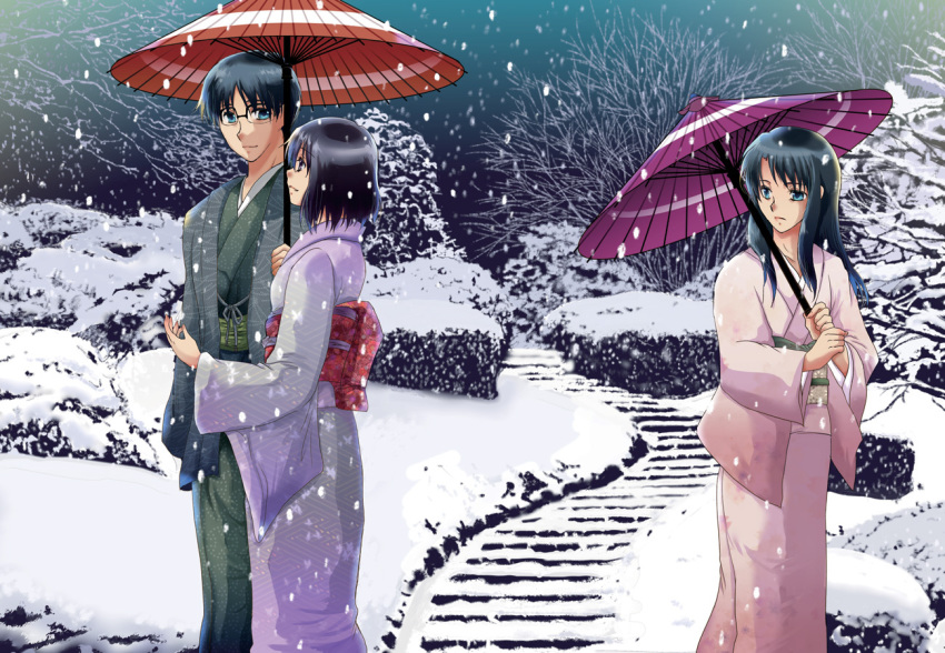 1boy 2girls black_hair couple hetero japanese_clothes kara_no_kyoukai kimono kokutou_azaka kokutou_mikiya long_hair multiple_girls oil-paper_umbrella ryougi_shiki shared_umbrella short_hair snow umbrella winter yonomori_mayu