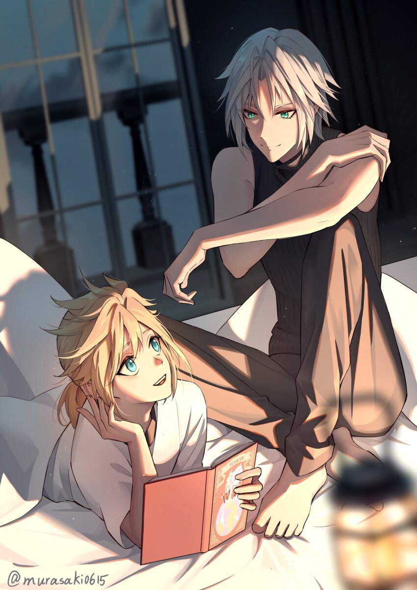 2boys aged_down barefoot blanket blonde_hair blue_eyes book cloud_strife commentary_request final_fantasy final_fantasy_vii final_fantasy_vii_ever_crisis highres holding holding_book indoors lamp lying male_focus multiple_boys on_bed on_stomach open_book open_mouth pants ponytail reading sephiroth sephiroth_(ever_crisis) shirt short_hair sitting sleeveless sleeveless_turtleneck smile spiked_hair turtleneck twitter_username zi_(murasaki0615)