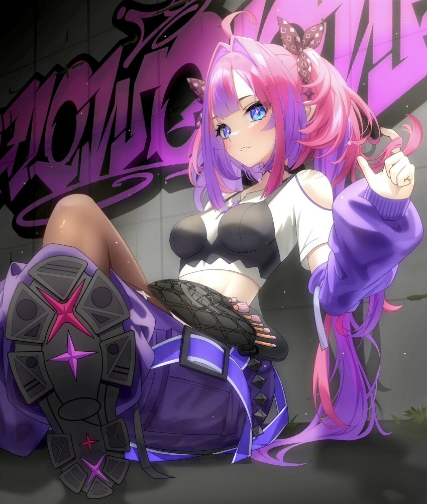 1girl ahoge belt black_bra black_thighhighs blue_eyes blush boots bow bra bra_over_clothes breasts chaps choker clothing_cutout commentary_request cosmetics cropped_shirt crossed_legs detached_sleeves double-parted_bangs foreshortening from_side gradient_hair graffiti hair_bow hair_intakes hand_up highres hololive hololive_dev_is kikirara_vivi long_hair looking_at_viewer makeup makeup_brush medium_breasts midriff multicolored_hair on_ground pants parted_lips pink_hair purple_hair purple_sleeves salsalsalt530 shirt shoulder_cutout sidelocks sitting smile solo star-shaped_gem star_(symbol) star_choker symbol-shaped_pupils thigh_cutout thighhighs thighs twintails twirling_hair two-tone_hair underwear very_long_hair virtual_youtuber white_background white_shirt