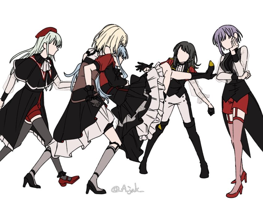 5girls a_jak amoris_(bang_dream!) ave_mujica_(bang_dream!) bang_dream! bang_dream!_it&#039;s_mygo!!!!! beret black_capelet black_dress black_footwear black_hair black_pantyhose black_skirt black_vest blonde_hair blue_hair boots brown_corset capelet clothing_cutout corset doloris_(bang_dream!) dress faceless faceless_female frilled_skirt frills garter_straps green_hair grey_socks hand_up hat high_heels holding_back kneehighs long_hair long_sleeves medium_hair misumi_uika mortis_(bang_dream!) multiple_girls oblivionis_(bang_dream!) pantyhose pantyhose_under_shorts puffy_short_sleeves puffy_sleeves purple_hair red_capelet red_footwear red_hat red_shirt red_shorts red_thighhighs see-through_clothes see-through_sleeves shirt short_hair short_sleeves shorts shoulder_cutout sidelocks simple_background skirt socks thigh_boots thighhighs timoris_(bang_dream!) togawa_sakiko vest wakaba_mutsumi white_background yahata_umiri yuutenji_nyamu