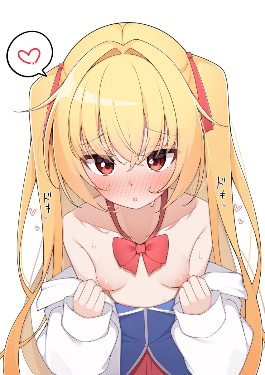 1girl :o bare_shoulders blonde_hair blue_shirt blush bow bowtie breasts breasts_apart coat collarbone commentary_request crossed_bangs embarrassed eyes_visible_through_hair full-face_blush furrowed_brow hair_between_eyes hair_intakes hair_ribbon heart highres irotoridori_no_sekai lab_coat long_hair looking_at_viewer nikaidou_shinku nipples nose_blush open_clothes open_coat open_mouth red_bow red_bowtie red_eyes red_ribbon ribbon school_uniform shirt sidelocks simple_background small_breasts solo sound_effects speech_bubble spoken_heart straight_hair sweat tsurime two_side_up undressing upper_body very_long_hair white_background yosh1na