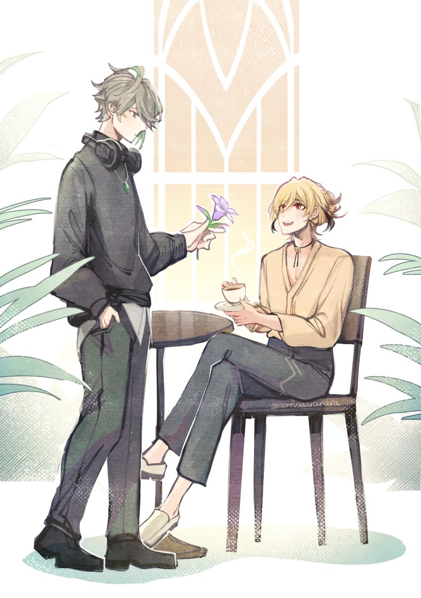 2boys absurdres alhaitham_(genshin_impact) alternate_universe bishounen blonde_hair cafe chair commentary_request confusearanara crossed_legs cup earrings flower genshin_impact green_eyes green_hair grey_hair headphones highres holding holding_cup holding_flower jewelry kaveh_(genshin_impact) multicolored_hair multiple_boys necklace red_eyes sitting sweater teacup thai_commentary