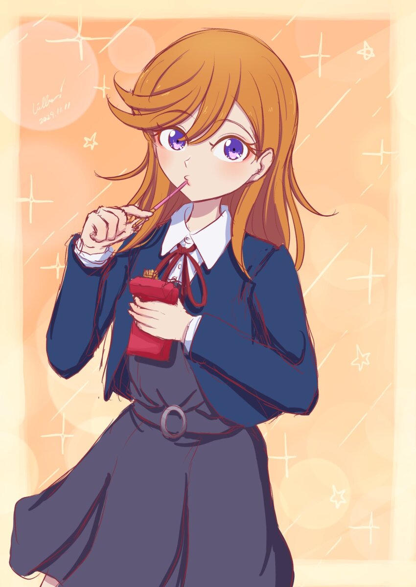 1girl alt_text blue_jacket border box collared_shirt cowboy_shot dress dress_shirt food food_in_mouth grey_dress hair_between_eyes highres holding holding_box holding_food jacket long_hair long_sleeves love_live! love_live!_superstar!! neck_ribbon open_clothes open_jacket orange_hair outside_border pleated_dress pocky pocky_day pocky_in_mouth purple_eyes red_ribbon ribbon school_uniform seiha_(hnumkt) shibuya_kanon shirt short_dress solo sparkle_background swept_bangs translation_request white_shirt winter_uniform yellow_border yuigaoka_school_uniform