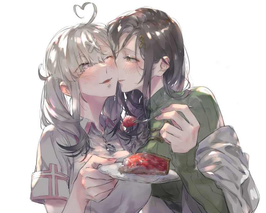 2girls backlighting black_hair blush brown_eyes cake collared_shirt dated food fork fruit green_sweater hair_ornament happy_birthday highres holding holding_fork holding_plate imminent_kiss kiss kissing_cheek long_sleeves looking_at_another multiple_girls nijisanji one_eye_closed parted_lips pink_eyes pink_nails plate shirayuki_tomoe shirt shuu-0208 sleeves_past_wrists strawberry sukoya_kana sweater turtleneck turtleneck_sweater twintails upper_body virtual_youtuber white_background white_hair white_shirt x_hair_ornament yuri