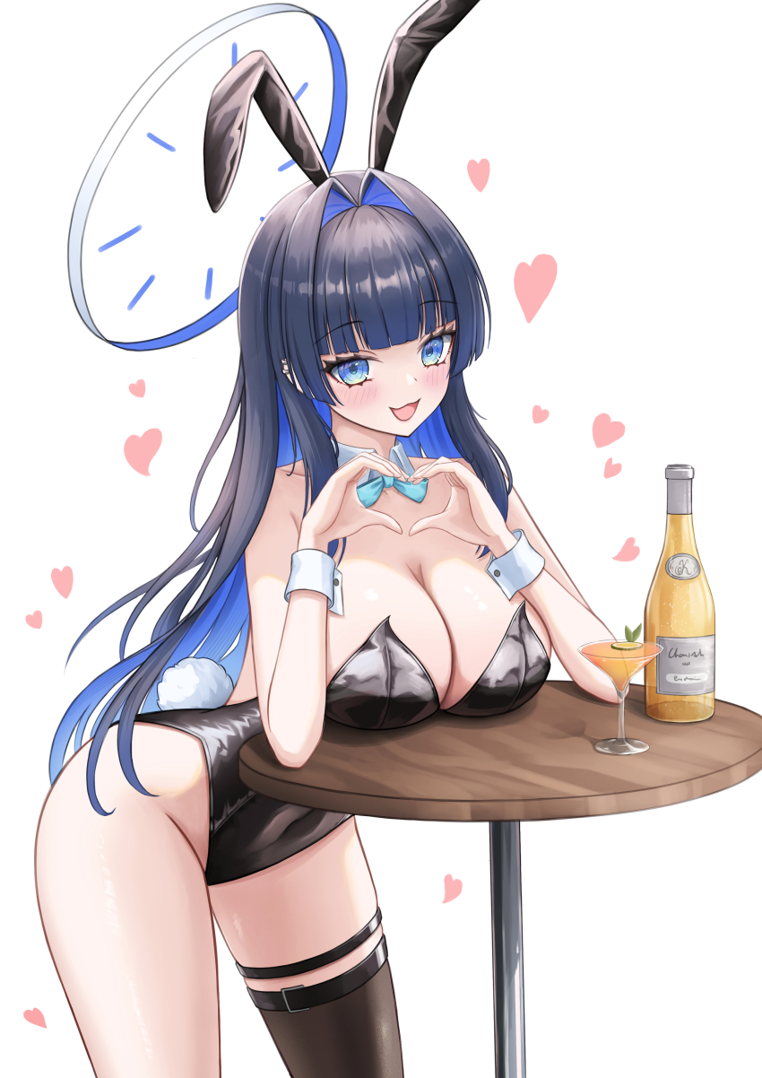 1girl :3 absurdres alcohol almonxtea animal_ears bare_shoulders bent_over black_leotard blue_eyes blue_hair blue_halo blush bottle bow bowtie breast_rest breasts breasts_on_table cleavage clock cup detached_collar drinking_glass fake_animal_ears fake_tail hair_intakes halo heart heart_hands highleg highleg_leotard highres hololive hololive_english large_breasts leotard long_hair looking_at_viewer multicolored_hair on_table open_mouth ouro_kronii playboy_bunny rabbit_ears rabbit_tail single_thighhigh smile solo strapless strapless_leotard table tail thighhighs traditional_bowtie virtual_youtuber white_wrist_cuffs wrist_cuffs