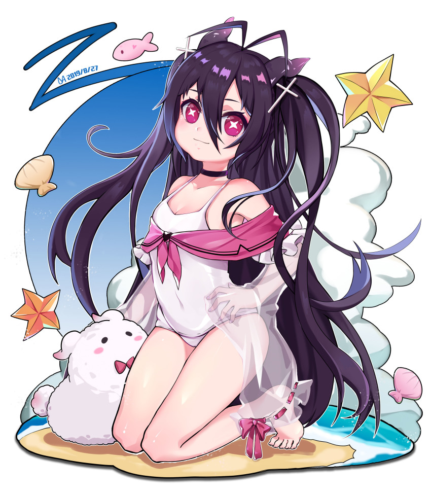 1girl absurdres antenna_hair azur_lane bare_shoulders black_choker black_hair breasts chinese_commentary choker cleavage collarbone commentary_request cross_hair_ornament dated hair_between_eyes hair_ornament highres i-168_(azur_lane) kneeling long_bangs long_hair looking_at_viewer mu_shanmu_san navel one-piece_swimsuit red_eyes see-through_clothes see-through_sleeves sidelocks sitting small_breasts smile solo star-shaped_pupils star_(symbol) stuffed_animal stuffed_toy swimsuit symbol-shaped_pupils two_side_up very_long_hair white_one-piece_swimsuit