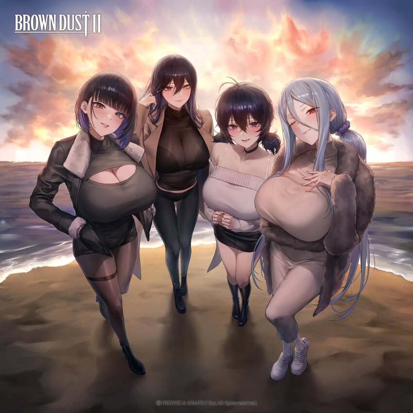 4girls absurdres adjusting_hair antenna_hair beach black_dress black_footwear black_hair black_jacket black_skirt blurry blush bra_visible_through_clothes breasts brown_dust_(series) brown_dust_2 brown_jacket brown_shirt brown_thighhighs cleavage cleavage_cutout closed_mouth clothing_cutout coat colored_inner_hair copyright_name denim depth_of_field dress full_body fur-trimmed_jacket fur_coat fur_trim green_eyes hair_between_eyes hand_on_own_chest heterochromia highres huge_breasts jacket jeans levia_(brown_dust) lipstick loen_(brown_dust_2) long_hair looking_at_viewer luvencia_(brown_dust) makeup medium_hair monegi morpeah_(brown_dust) multicolored_hair multiple_girls nail_polish ocean official_art one_eye_closed open_mouth pants purple_eyes purple_hair red_eyes second-party_source shadow shirt shoes short_twintails skirt smile sneakers sunset sweater thighhighs twintails two-tone_hair white_footwear white_sweater yellow_eyes