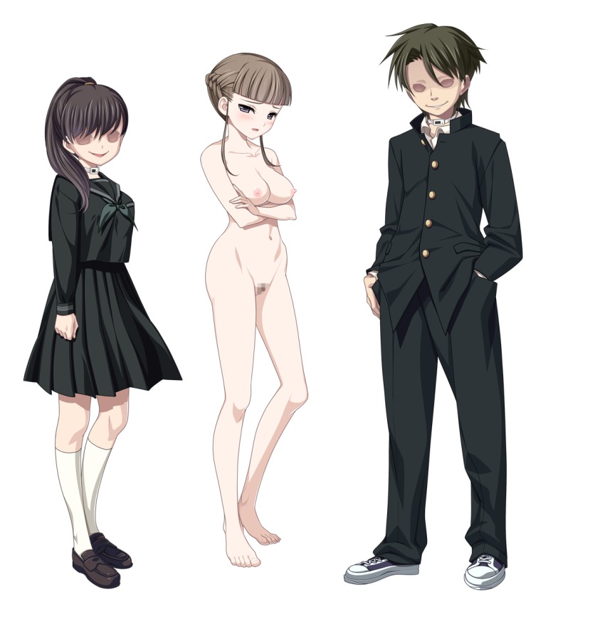 1boy 2girls barefoot black_serafuku blush breasts brown_eyes brown_hair censored clockup clothed_female_nude_female clothed_male_nude_female collar crossed_arms embarrassed euphoria_(clockup) feet gakuran high_ponytail highres loafers manaka_nemu medium_breasts mosaic_censoring multiple_girls nude ponytail school_uniform serafuku shoes short_hair simple_background sneakers standing