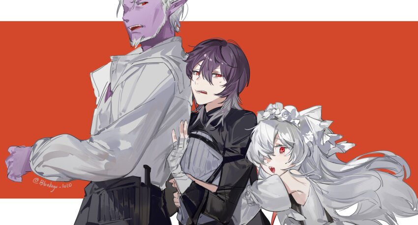 2boys bandaged_hand bandages beard belt black_belt black_pants black_shirt bokyo bow colored_skin dagger dress facial_hair gilzaren_iii hair_bow highres kenmochi_touya knife long_hair morinaka_kazaki multiple_boys nijisanji open_mouth pants pointy_ears purple_hair purple_skin red_eyes shirt sidelocks upper_body very_long_hair virtual_youtuber weapon white_bow white_dress white_hair white_shirt