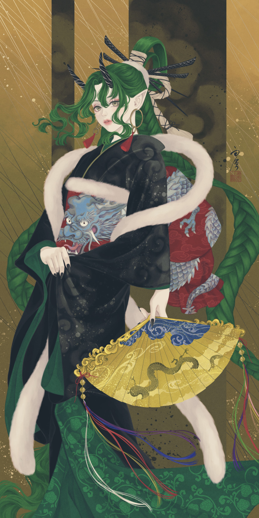 1girl absurdres black_horns black_kimono black_nails braid cloud_print dragon dragon_print earrings eastern_dragon feet_out_of_frame fingernails folding_fan fuujin_(mythology) green_hair hagoromo hair_ornament hair_stick hand_fan highres holding holding_fan hoop_earrings horns japanese_clothes japanese_mythology jewelry kimono long_fingernails long_hair long_sleeves looking_at_viewer nail_polish obi original parted_lips pointy_ears print_sash red_sash sash shawl solo standing tassel tassel_earrings twin_braids ushiyama_ame very_long_hair wide_sleeves xiangyun