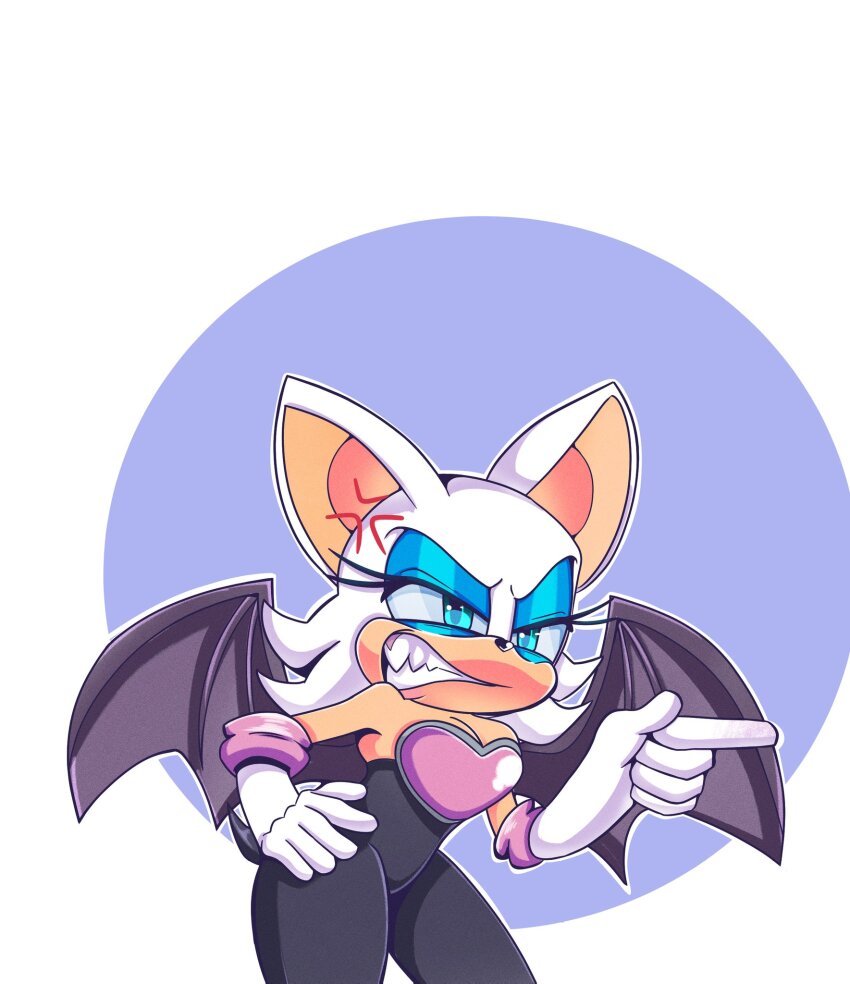 angry animal_ears gloves hands_on_own_hips karl0 pointing rouge_the_bat rubber_gloves sonic_(series) wings