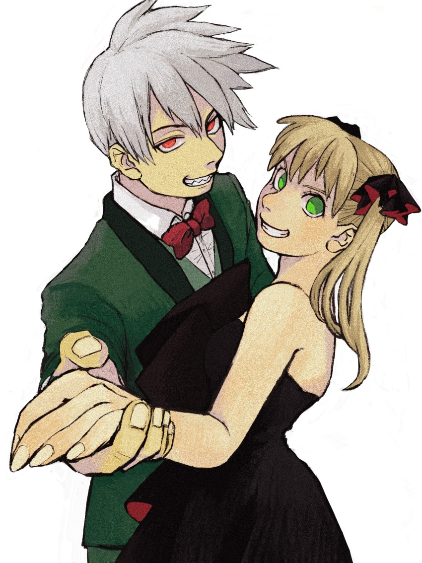 1boy 1girl absurdres black_dress blonde_hair bow bowtie collared_shirt commentary_request dress green_eyes green_jacket hair_between_eyes highres holding_hands jacket longlong_tail looking_at_viewer maka_albarn red_bow red_bowtie red_eyes sharp_teeth shirt simple_background smile soul_eater soul_evans spiked_hair teeth twintails white_background white_hair