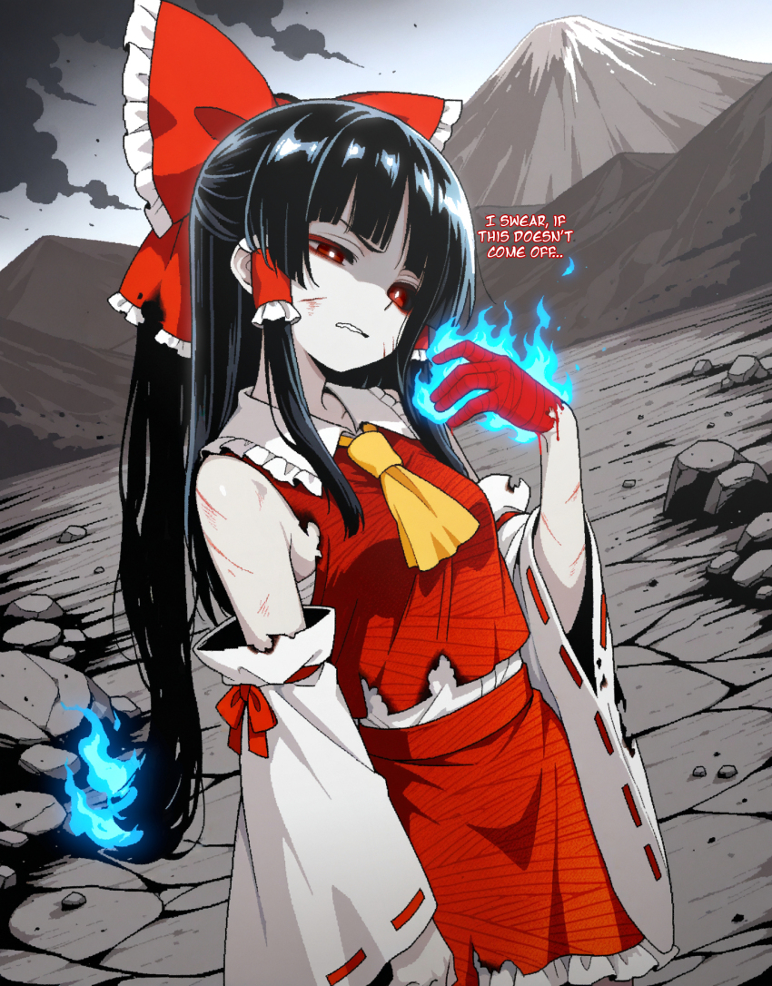 1girl ascot bad_link battle_damage black_hair black_sclera blue_fire bow burning_hair chest_sarashi colored_sclera detached_sleeves drawfag fire frilled_bow frilled_hair_tubes frills hair_bow hair_tubes hakurei_reimu highres injury long_hair mountain pale_skin ponytail red_bow red_eyes red_skirt ribbon ribbon-trimmed_sleeves ribbon_trim sarashi skirt skirt_set spoilers torn_clothes touhou yellow_ascot