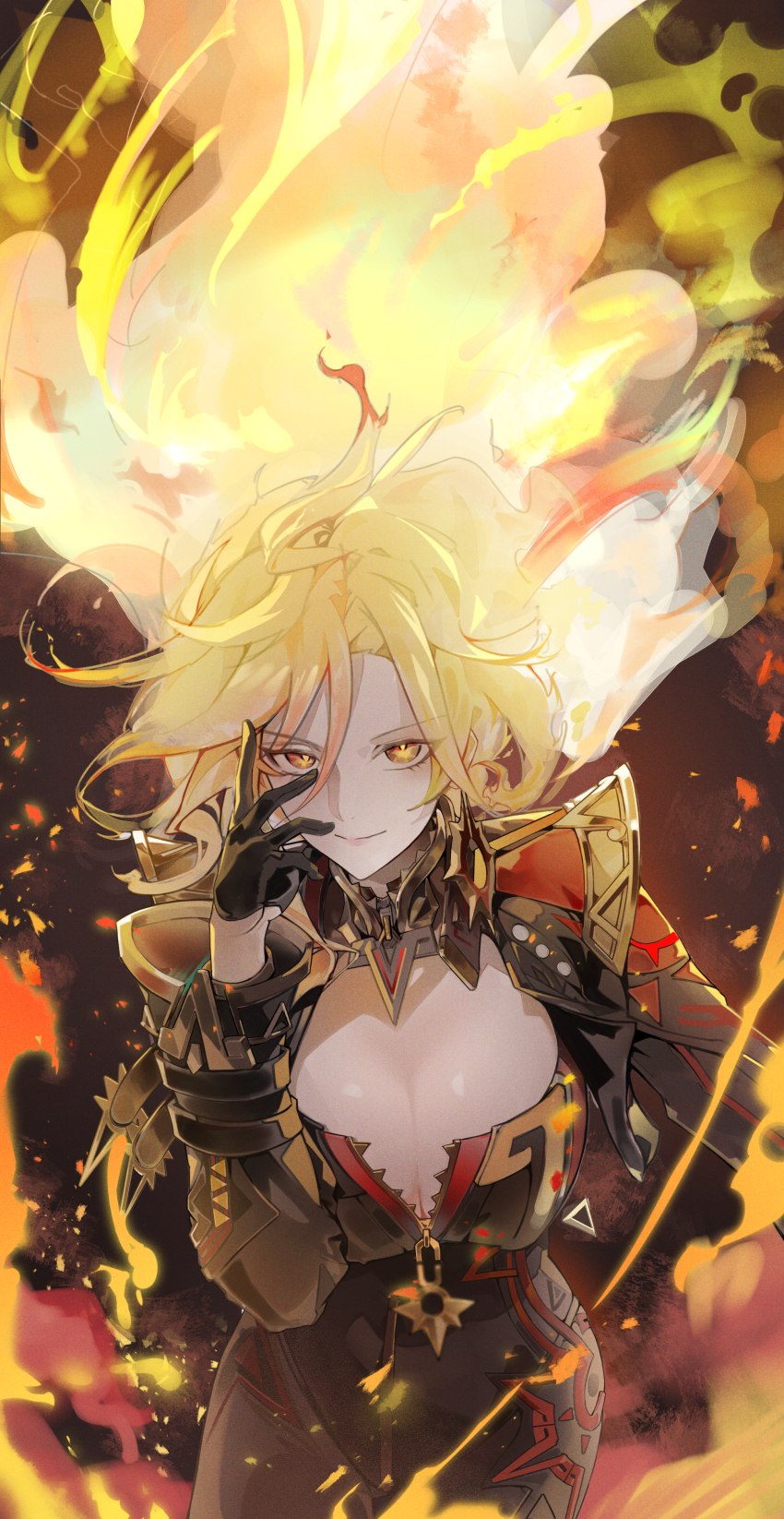 1girl absurdres arm_up biker_clothes bikesuit black_bikesuit black_gloves blonde_hair bodysuit breasts cleavage closed_mouth commentary fire genshin_impact gloves gold_choker hair_lift half_gloves highres large_breasts leo795 looking_at_viewer mavuika_(genshin_impact) smile solo sun-shaped_pupils sun_earrings sunburst_iris symbol-only_commentary yellow_eyes zipper zipper_pull_tab