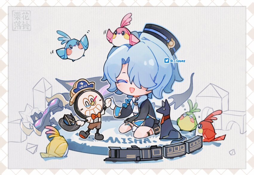 1boy :d aixixixixi astral_express_(honkai:_star_rail) asymmetrical_sleeves between_legs black_coat black_footwear black_hat black_shorts blue_hair bow bowtie clockie_(honkai:_star_rail) closed_eyes coat colored_eyelashes garter_straps gloves grin hair_over_one_eye hand_between_legs happy hat high_five highres holding holding_unworn_clothes holding_hat holding_unworn_clothes honkai:_star_rail honkai_(series) kneeling light_blue_hair long_sleeves misha_(honkai:_star_rail) open_mouth origami_bird_(honkai:_star_rail) ponytail red_bow red_bowtie shorts single_garter_strap smile something_unto_death_(honkai:_star_rail) white_gloves