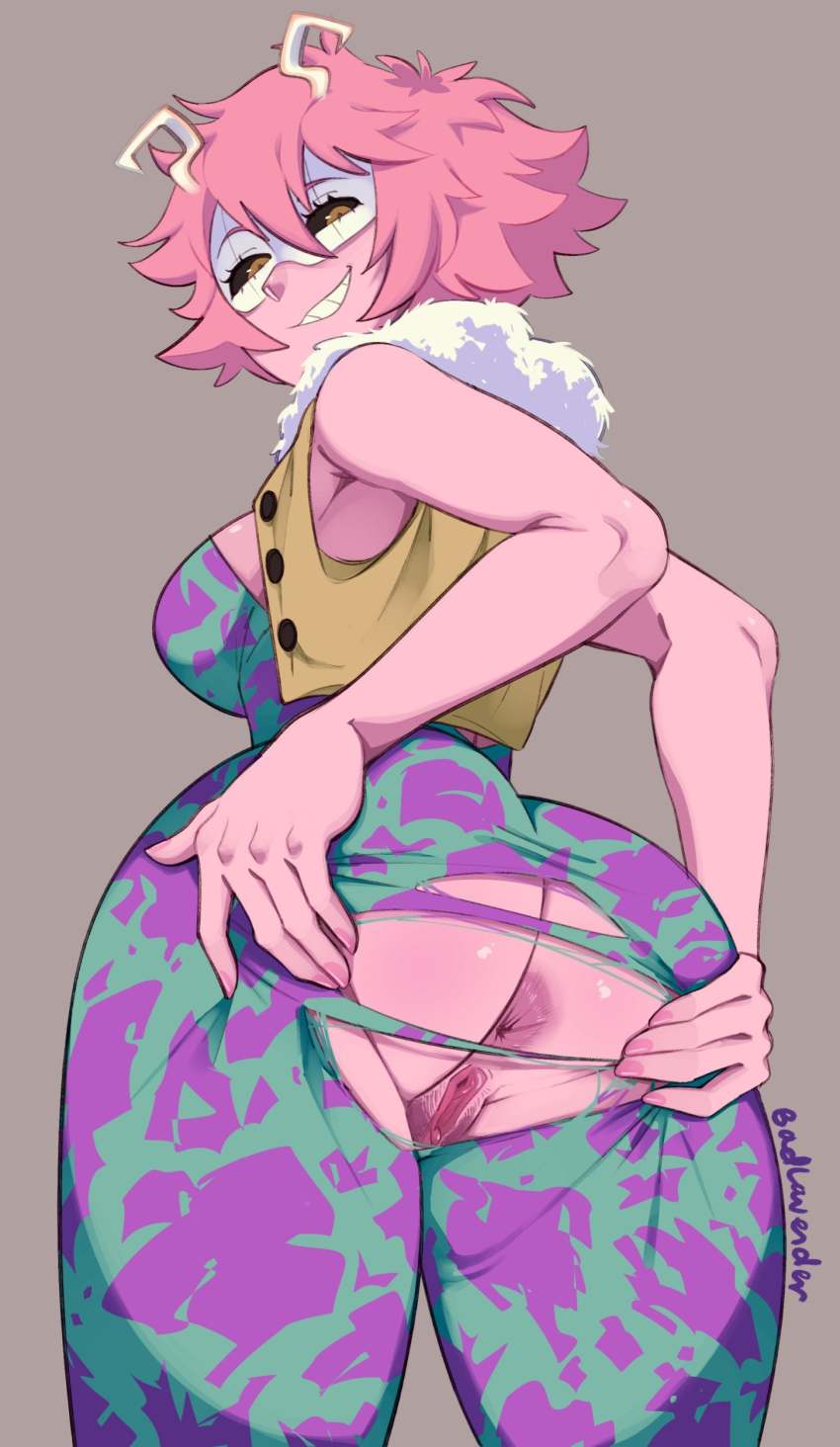 1girl absurdres antennae anus ashido_mina ass ass_focus badlavender black_sclera bodysuit boku_no_hero_academia clitoral_hood clitoris clitoris_peek clitoris_sleeve colored_sclera colored_skin crotchless crotchless_pants exposed_clitoris female_pubic_hair grabbing_own_ass grin half-closed_eyes highres looking_down md5_mismatch mooning naughty_face pants pink_hair pink_skin presenting presenting_anus pubic_hair pussy smile smirk thighs torn_bodysuit torn_clothes