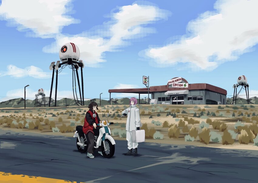 2girls black_footwear black_gloves black_hair black_pants blue_sky bob_cut boots briefcase building cable cloud cloudy_sky collared_jacket gas_station gloves highres jacket lamppost landscape motor_vehicle motorcycle mountainous_horizon multiple_girls original outdoors pants purple_hair road scenery science_fiction shoes sign sky standing white_jacket white_pants wide_shot yoshiryuu